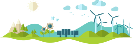 A hand-drawn panorama of green hills, mountains, grass, solar panels, and a wind farm.