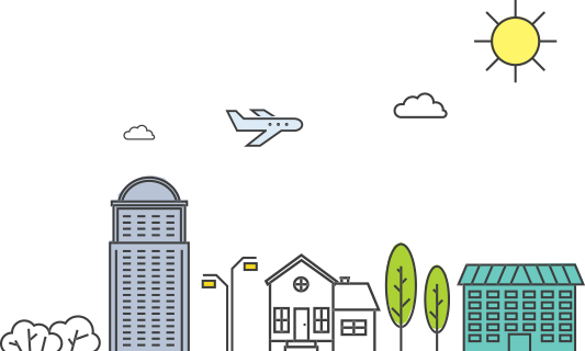 A hand-drawn cityscape, with a sun, buildings, trees, and a plane.