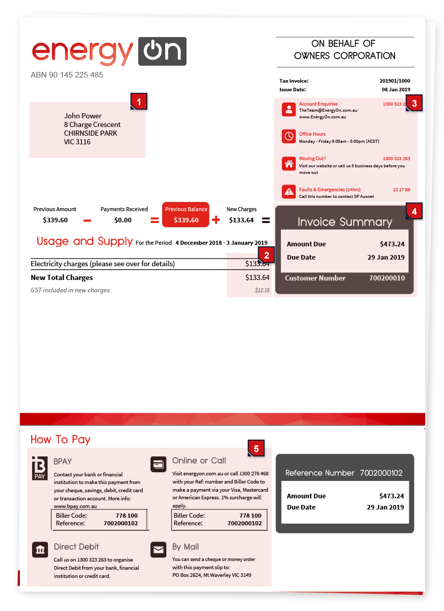 A page from an Energy On monthly bill, marked to explain each section.