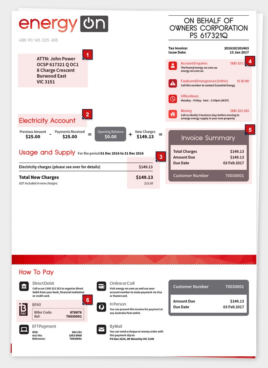 A page from an Energy On monthly bill, marked to explain each section.